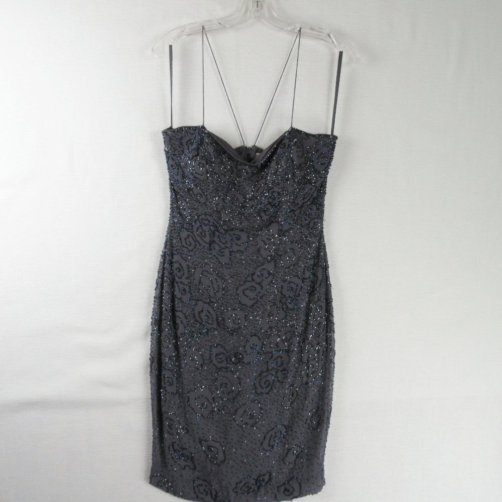 Gala by Mon Cheri Floral Beaded Mini Dress Size 8 Spaghetti Straps Purple
